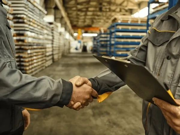 Photo of two people shaking hands in a warehouse